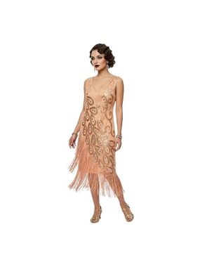 Vijiv 1920s Flapper Fringe Beaded Dress Art Deco Gatsby Peach NWT Size L